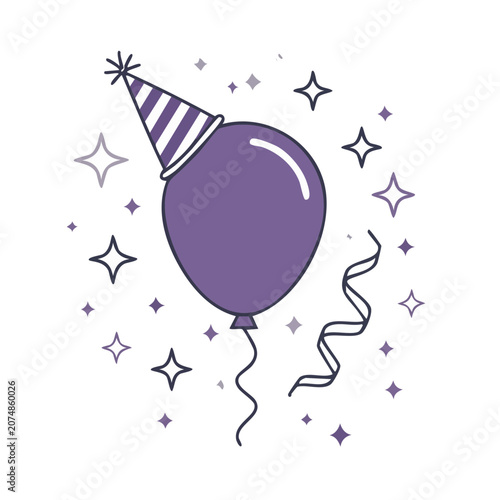 Purple Balloon with Party Hat and Confetti