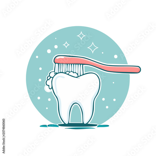 Tooth and Toothbrush Flat Vector Illustration