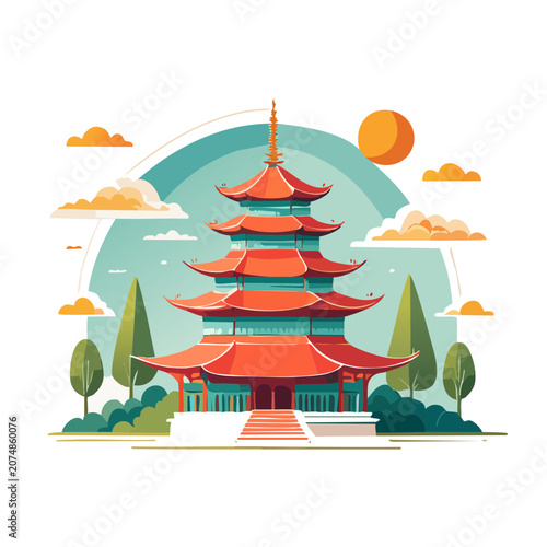 Traditional East Asian Pagoda with Tiered Roofs and Landscape