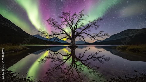 Vibrant Aurora Borealis Illuminating a Lone Bare Tree Reflected on a Calm Lake Surface at Night