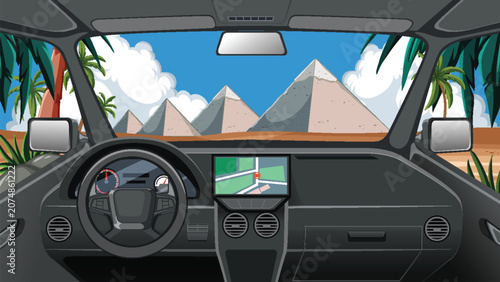 Foto Vector Illustration of Car Interior Driving Toward Ancient Desert Pyramids