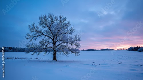 A solitary frost-covered tree stands amidst a vast snow-blanketed field under a soft pastel twilight sky during a serene winter evening