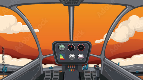 Vector Illustration of Helicopter Cockpit Interior with Orange Sunset Sky