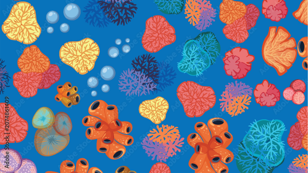 Fototapeta premium Vibrant Underwater Background with Diverse Coral Species and Floating Bubbles