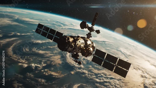 A cinematic view of an advanced space station orbiting the blue planet Earth with glowing solar panels against a starry cosmic background