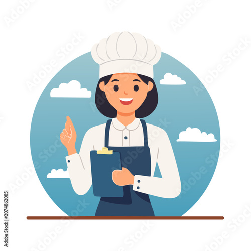 Smiling female chef holding clipboard, flat vector illustration
