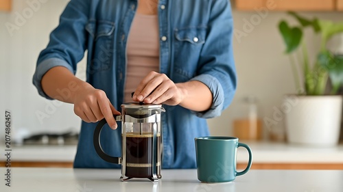 A woman prepares coffee in a French press on a kitchen counter.