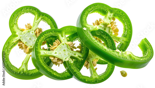 Sliced green jalape?o peppers, showing seeds, isolated on black