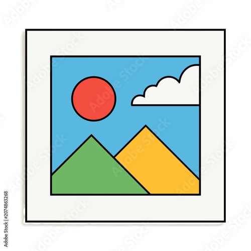 Flat Vector Illustration of Mountain Landscape with Sun and Cloud