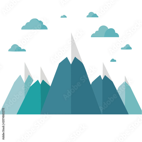 Flat vector illustration of mountain range with clouds
