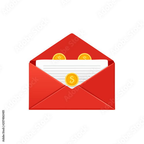Red envelope with gold coins and dollar sign