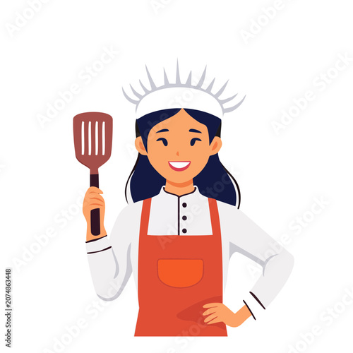 Smiling Female Chef Holding Spatula, Flat Vector Illustration