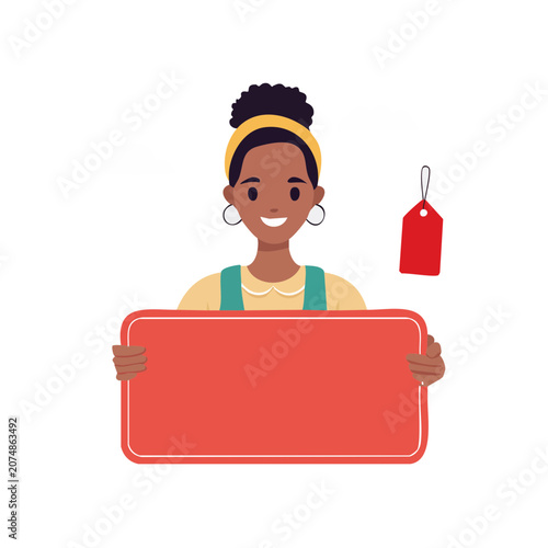 Woman holding red sign with price tag illustration
