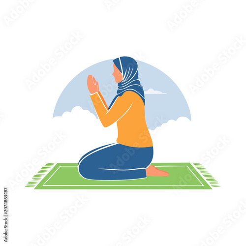 Woman Praying on Prayer Mat Flat Vector Illustration