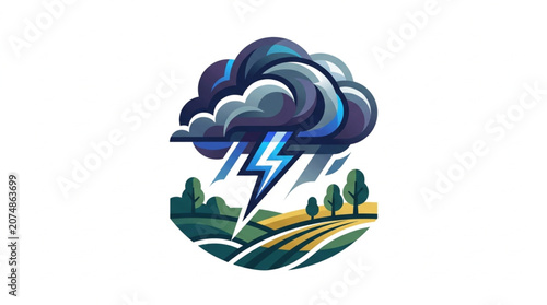 Obraz na płótnie Stormy weather over agricultural fields with lightning bolt.