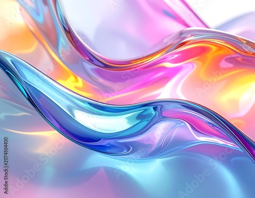 A vibrant, abstract composition of swirling, iridescent waves