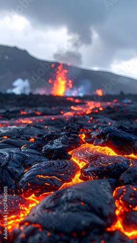 A volcanic landscape with molten lava and smoke