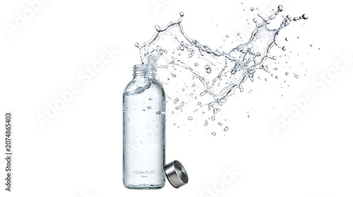 Photos Clear glass water bottle with splashing water isolated on transparent background