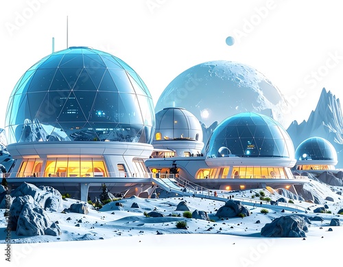Futuristic habitat on a snowy planet with domes