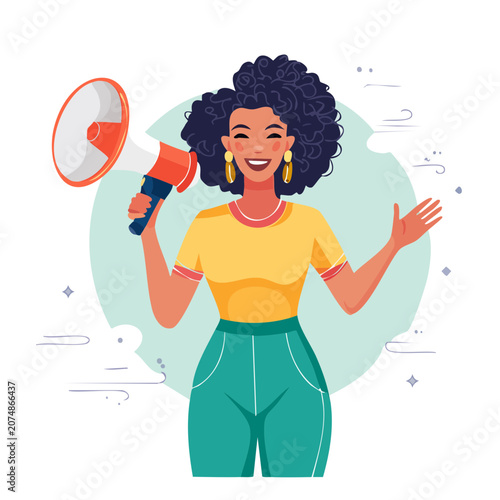 Woman with megaphone flat vector illustration
