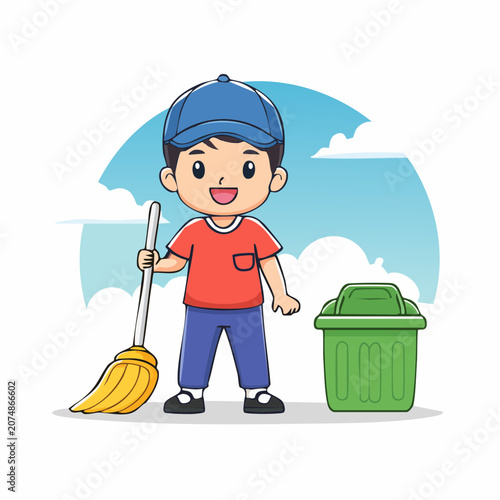 Cartoon boy with broom and trash can