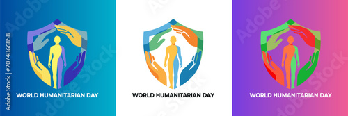 Fotografie World humanitarian day banner set, human protection shield with helping hands ve