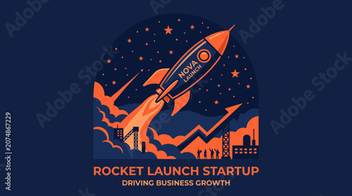 Flat vector illustration of a rocket launch startup symbolizing business growth success and corporate innovation.