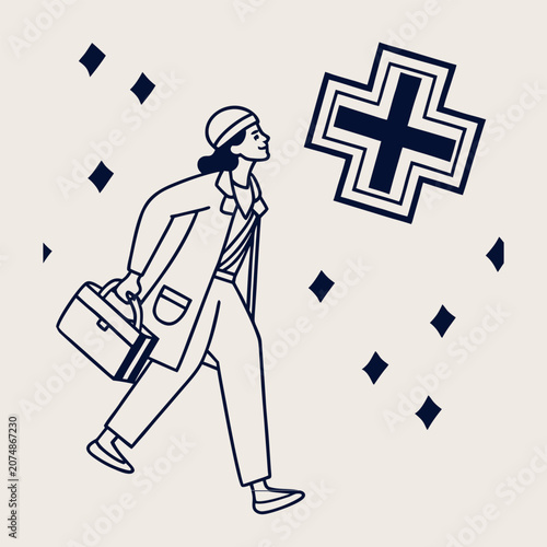Flat vector illustration of a healthcare professional walking with a briefcase and medical cross icons scattered around.