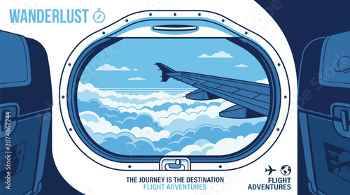 Flat illustration of an airplane window view showing a wing over clouds with Wanderlust text for travel and flight adventure concepts