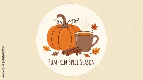 Autumn Pumpkin Spice Season Illustration with Hot Coffee Mug and Cinnamon