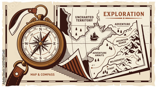 Vintage brass compass and treasure map illustration for travel adventure and exploration theme.