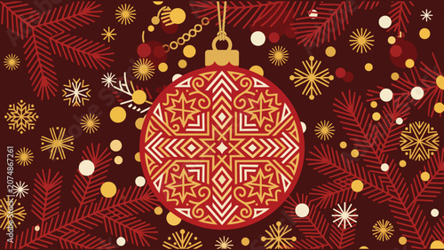 Festive Christmas bauble illustration with geometric folk pattern and pine branches on red background