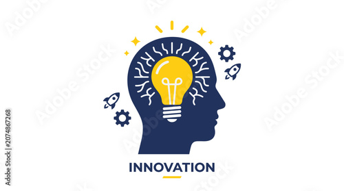 Innovation Concept Illustration with Human Head Silhouette Lightbulb and Neural Patterns for Creativity Technology and Startup Business Thinking