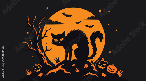 Halloween Black Cat Silhouette with Orange Moon and Pumpkins Vector Illustration