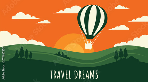 Hot Air Balloon Illustration Travel Dreams Sunset Landscape Concept