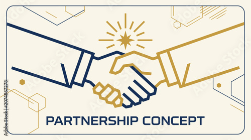 Partnership concept vector illustration featuring a stylized handshake in blue and gold line art with geometric background elements and starburst.