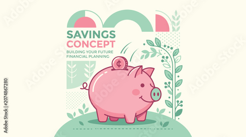 Savings concept illustration with pink piggy bank and financial planning text
