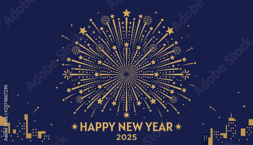 Happy New Year 2025 Greeting Background with Gold Fireworks and City Skyline Illustration on Dark Blue Background