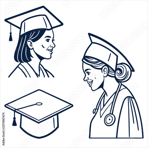Black and white flat vector illustration of a graduate and a doctor with cap and stethoscope on plain background.