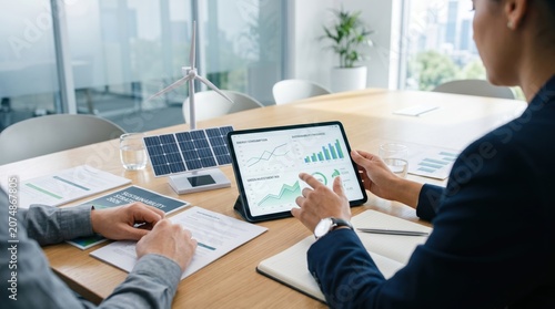 Business team analyzing sustainability strategy and renewable energy data on tablet with solar panel and wind turbine models in modern office meeting room for corporate social