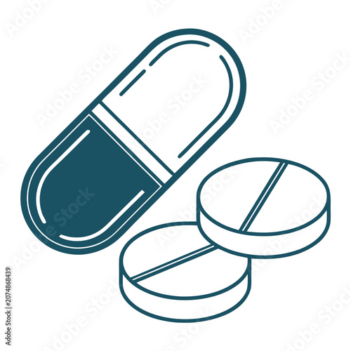 Minimalist line art illustration of a split capsule and two circular pills in flat vector style.