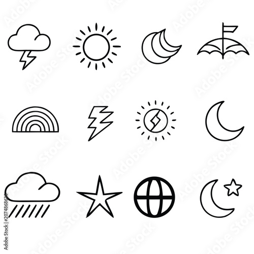 Web Hand drawn weather and nature icon set black and white vector doodle illustration