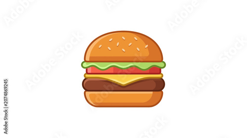 Classic Cheeseburger Icon with Sesame Seed Bun, Lettuce, Tomato, and Cheese