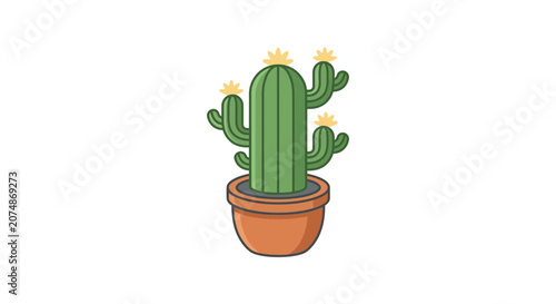 Cartoon Saguaro Cactus in Flower Pot, Vector Illustration