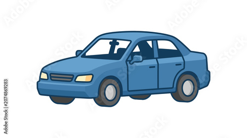 Blue Sedan Car Icon, 3D Flat Design, Isolated on White Background