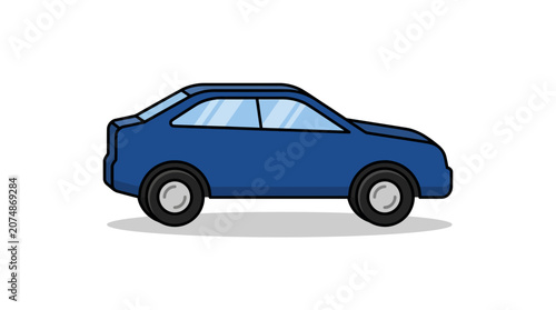 Blue Sedan Car Icon, 3D Flat Design, Isolated on White Background