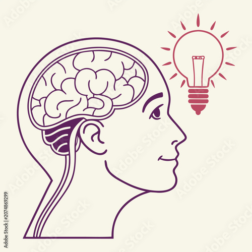 Minimal vector illustration of a human brain with a glowing light bulb symbolizing creativity and innovation
