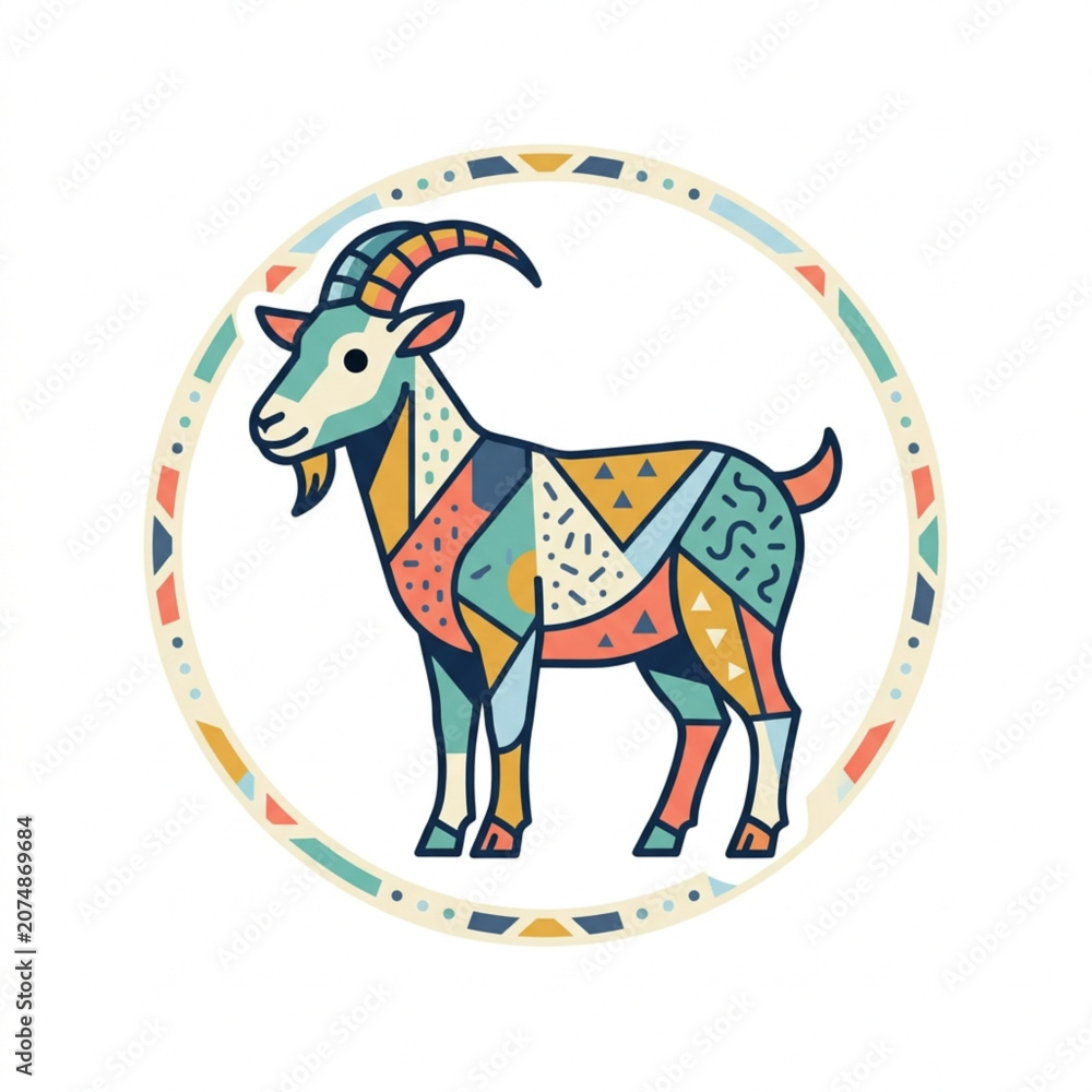 Fototapeta premium Stylized Goat Illustration with Geometric Patterns Inside a Circle.