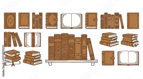 Schilderij op canvas Antique Books Collection: Vintage Library Set, Old Manuscripts, Leather Bound No