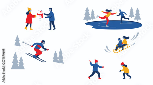 Schilderij op canvas Winter sports enthusiasts engaging in various skiing and snow activities in a festive snowy landscape with pine trees